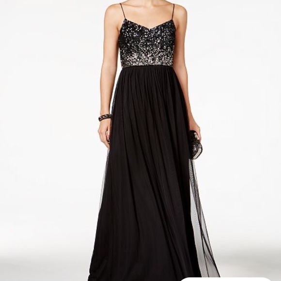 Adrianna Papell Navy Sequin Top Flowy Tulle Full Skirt Maxi Gown/ Dress, Size 4 - Picture 3 of 12